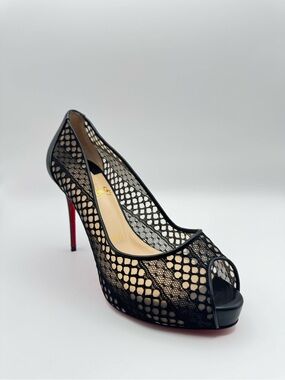 Christian Louboutin Black Mesh Lace Very Prive Peep Toe Platform Pump 36.5